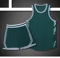 Dark green American style basketball jersey set featuring breathable fabric and white stripes - Green