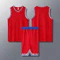 Breathable red basketball jersey set with blue waistband and tribal patterns on trim - Red
