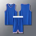 Full view of royal blue basketball uniform set with geometric patterned edge detail - 3XS / Top And Bottom / Royal Blue