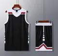 Black basketball jersey and shorts set with red and white stripe details on hangers - 3XS / Top And Bottom / Black