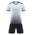 Full view of white to black gradient soccer jersey set with geometric patterns. - 3XS / Top And Bottom / White