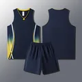 Detailed view of navy blue basketball jersey and shorts set with side gradient patterns - Navy Blue
