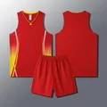 Detail view of red sleeveless basketball jersey and shorts with side flame patterns - XXS / Top And Bottom / Red