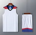 Breathable white basketball uniform set with red and blue accents for student training - 5XS / Top And Bottom / White
