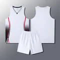 White sleeveless basketball uniform set with red and black side stripes for men and kids - XXS / Top And Bottom / White