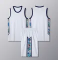 Detailed view of white basketball jersey and shorts set with blue side patterns. - 3XS / Top And Bottom / White