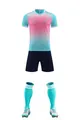 Detailed view of cyan and pink gradient soccer jersey with matching shorts and socks - 3XS / Top And Bottom / 3 Pieces/Pack (Includes Jersey, Shorts, Socks) / Light Blue