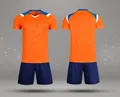 Front and back view of orange and blue quick-dry soccer jersey and shorts set - 4XS / Top And Bottom / Orange