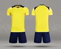 Front and back view of a yellow quick-dry soccer jersey and navy blue shorts set - Bright yellow