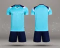 Front and back detail of light blue quick-dry soccer jersey and navy shorts set - 4XS / Top And Bottom / Light Blue