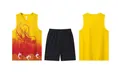 Detail of dragon pattern basketball jersey set with gradient colors and black shorts - M / Top And Bottom / Tank Top Set / Yellow