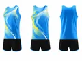 Vistas detalladas del traje de atletismo azul y amarillo para deporte y entrenamiento. - Hombres M / Top Y Pantalón / Azul