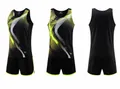 Detail shot of black track and field uniform with vibrant yellow abstract patterns - Men's M / Top And Bottom / Black