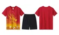 Full view of men's red dragon print athletic T-shirt front and back with black training shorts - M / Top And Bottom / Short Sleeve Set / Red