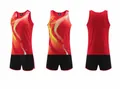 Detailed view of red athletic running tank top and black shorts set for sports training - Men's M / Top And Bottom / Red