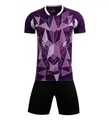 Front view of men's soccer uniform set with geometric lion print jersey and black shorts - 4XS / Top And Bottom / Purple