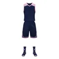 Breathable professional navy blue basketball training uniform set with stylish pink trim - 3XS / Top And Bottom / Purple