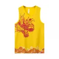 Vista detallada de camiseta deportiva amarilla con estampado de dragón y olas - M / Parte superior (3001) / Amarillo