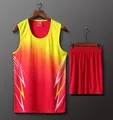Men's athletic track suit featuring a yellow and red gradient running tank top and red shorts - Men's L / Top And Bottom / Red