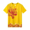 Detail view of yellow dragon boat racing jersey with traditional red dragon and wave print - M / Tops / Yellow