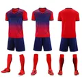 Red and navy blue gradient quick-dry soccer jersey set with matching socks and shoes. - 20 / Top And Bottom / Red