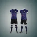 Full soccer uniform kit featuring navy blue jersey with white shoulder stripes detail - 22 / Top And Bottom / Navy Blue