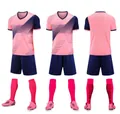 Front and back detail view of the pink and navy blue soccer jersey set for kids - 3XS / Tops / Pink (T9)