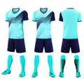 Detailed three-angle display of a cyan and navy blue youth soccer uniform kit set - 3XS / Tops / Lake Blue (T9)