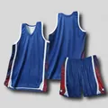 Detail view of blue American style basketball jersey set including front back and shorts - XS / Top And Bottom / Navy Blue