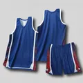 Detail view of blue American style basketball jersey set including front back and shorts - XS / Top And Bottom / Navy Blue