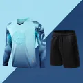 Bright blue long-sleeve soccer goalkeeper jersey with matching black padded shorts set - XS / Top And Bottom / Top and Shorts / Glossy Blue