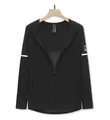Lightweight black women's hooded sun protection windbreaker jacket with arm stripe and logo. - Basic Black