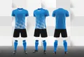 Blue soccer uniform set including short-sleeved jersey, black shorts, and socks for training - Light Blue