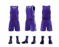 Three-view display of purple quick-dry basketball uniform set with matching athletic shoes - 3XS / Top And Bottom / Purple