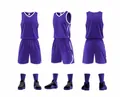 Three-view display of purple quick-dry basketball uniform set with matching athletic shoes - 3XS / Top And Bottom / Purple
