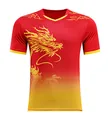 Detailed view of quick-dry sports T-shirt featuring golden dragon and cloud prints - M / Tops / Red