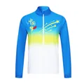 Nahaufnahme einer Sportjacke mit blau-gelbem Farbverlauf und China-Dream-Grafikdesign - XS / Oberteil Und Unterteil / Hellblau
