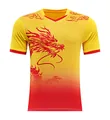 Close-up detail of the vibrant dragon print on a yellow and red gradient racing jersey. - M / Tops / Yellow