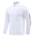 Vorderansicht der weißen Sporttrainingsjacke mit PASSION-Textaufdruck auf dem Ärmel - Weiß