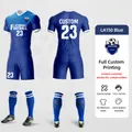 Detailed view of the royal blue customizable retro soccer jersey set with number 23. - XXS / Top And Bottom / Sapphire Blue