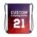 Close-up of customizable soccer jersey drawstring bag with abstract print and number 21 - XXS / Drawstring Bag / Red Blue Gradient