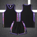 Schnelltrocknendes schwarzes Basketball-Set mit lila und roten Seitenstreifen-Akzenten - 3XS / Oberteil Und Unterteil / Schwarz
