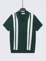 Polo en maille vert foncé avec rayures blanches verticales, style décontracté chic - M / Hauts / Vert foncé avec rayures blanches (7006)