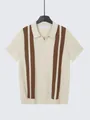 Polo d'été pour hommes en maille de soie glacée avec rayures marron sur fond crème - M / Hauts / Beige avec rayures brunes (7006)