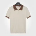 Men's ice silk knit polo shirt in apricot with brown contrast collar and half-zip - M / Tops / Apricot