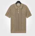 Polo en maille kaki à manches courtes avec motif ajouré en filet et col à boutons - M / Hauts / Chameau
