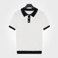 Minimalist ice silk mesh knit Polo shirt for men in white color with black collar - M / Tops / White