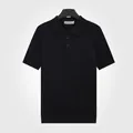 Men's black ice silk knitted Polo shirt with breathable texture and half-button collar. - Black