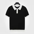 Men's black ice silk polo shirt with white contrast collar and mesh knit detail - M / Tops / Black