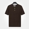 Heren gebreid Henley-shirt van ijszijde in koffiebruin met verticale strepen - L / Tops / koffiekleur